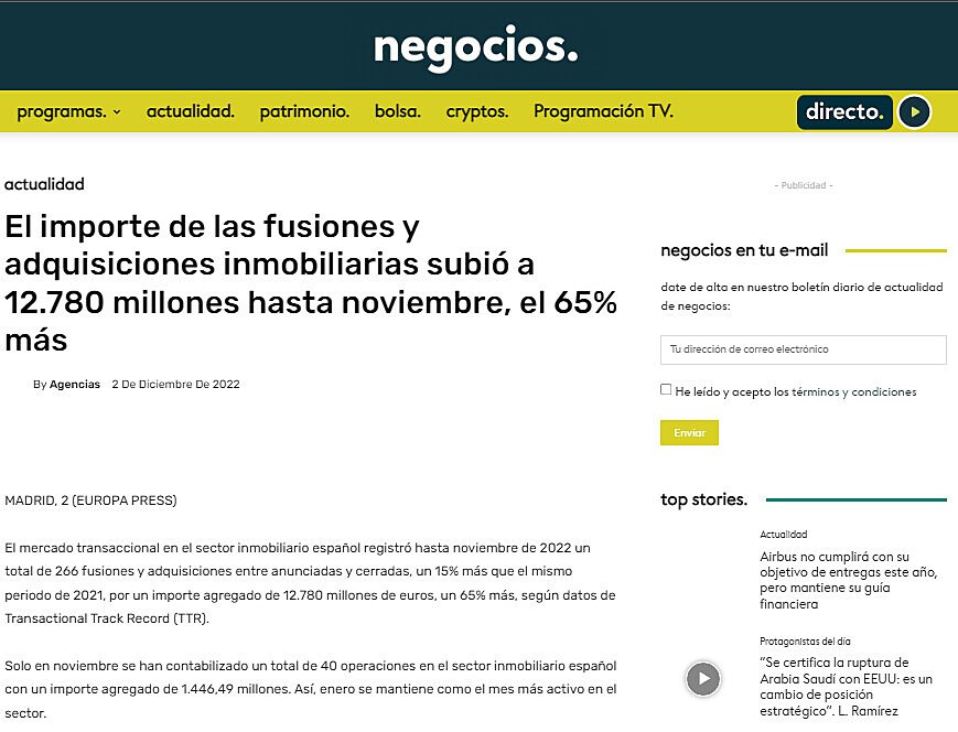 El importe de las fusiones y adquisiciones inmobiliarias subi a 12.780 millones hasta noviembre, el 65% ms